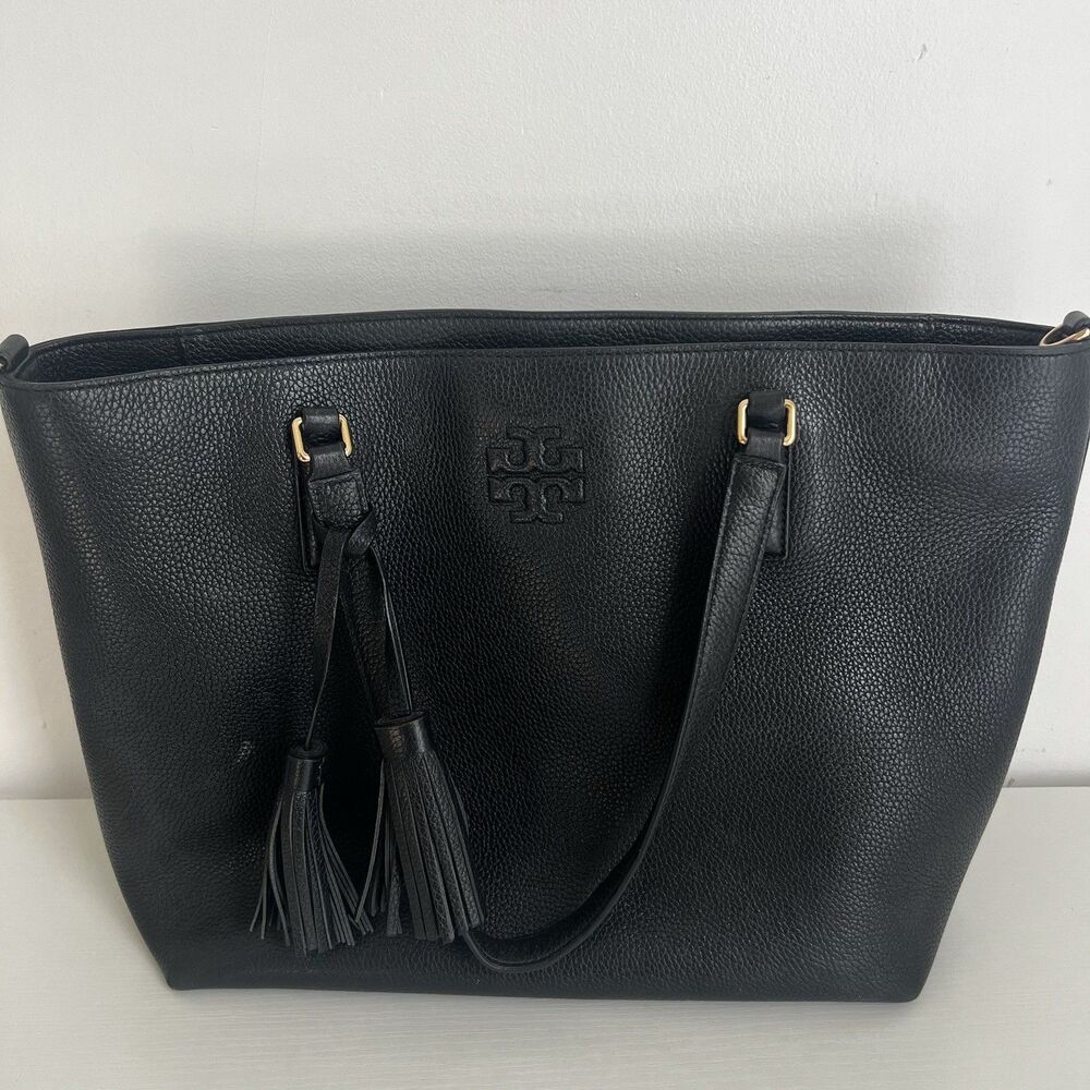Tory Burch Large Black Pebbled Leather Triple Compartment Tote Bag Tassel Charm